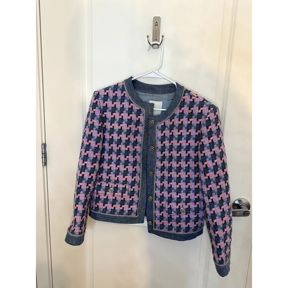 Sandro Multicolor Plaid Tweed Jacket with Denim Trim – Fits Like S/M - Picture 1 of 6
